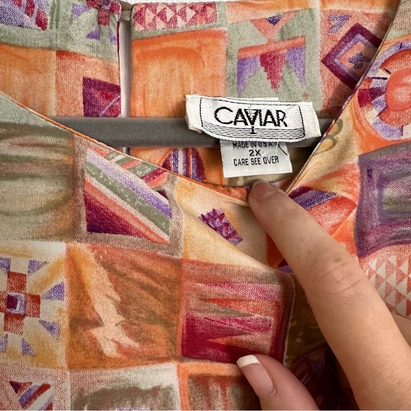 2X Vintage blouse w/ shoulder pads, grid pattern in peach, mint green, lavender - Picture 3 of 5